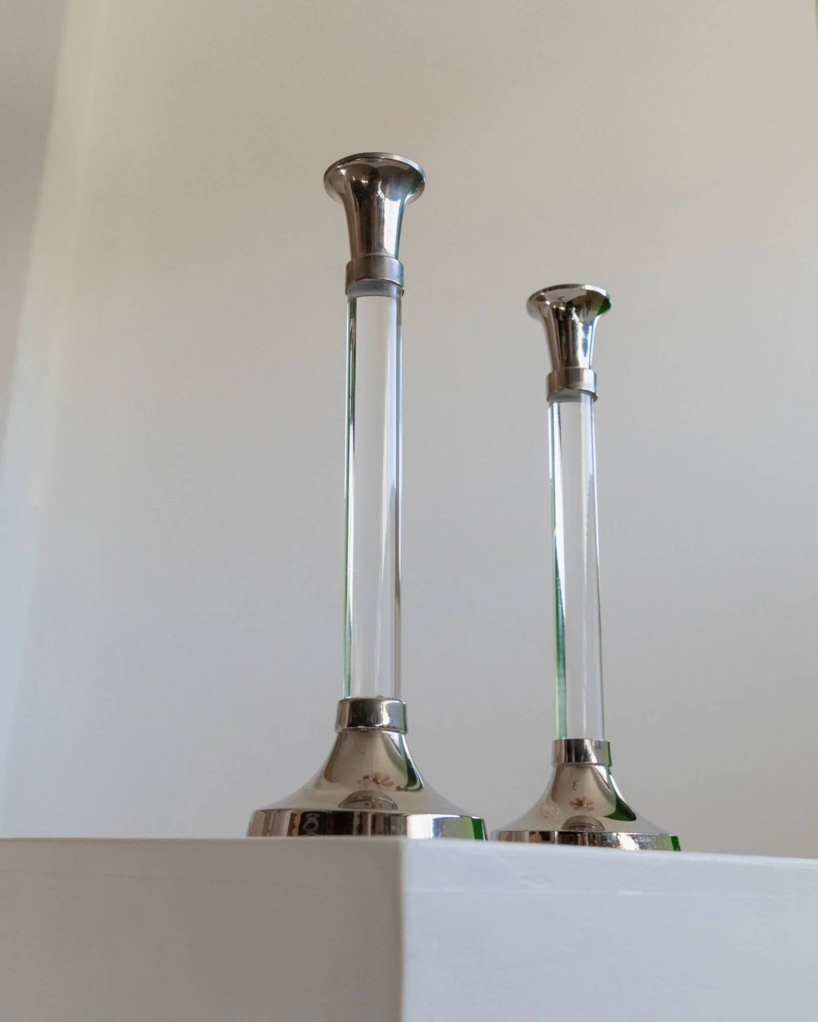 Two Vintage Candlesticks: Transparent Plexiglas & Chrome-Plated Metal, Italy 1970s Mid-Century Design