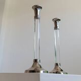Two Vintage Candlesticks: Transparent Plexiglas & Chrome-Plated Metal, Italy 1970s Mid-Century Design