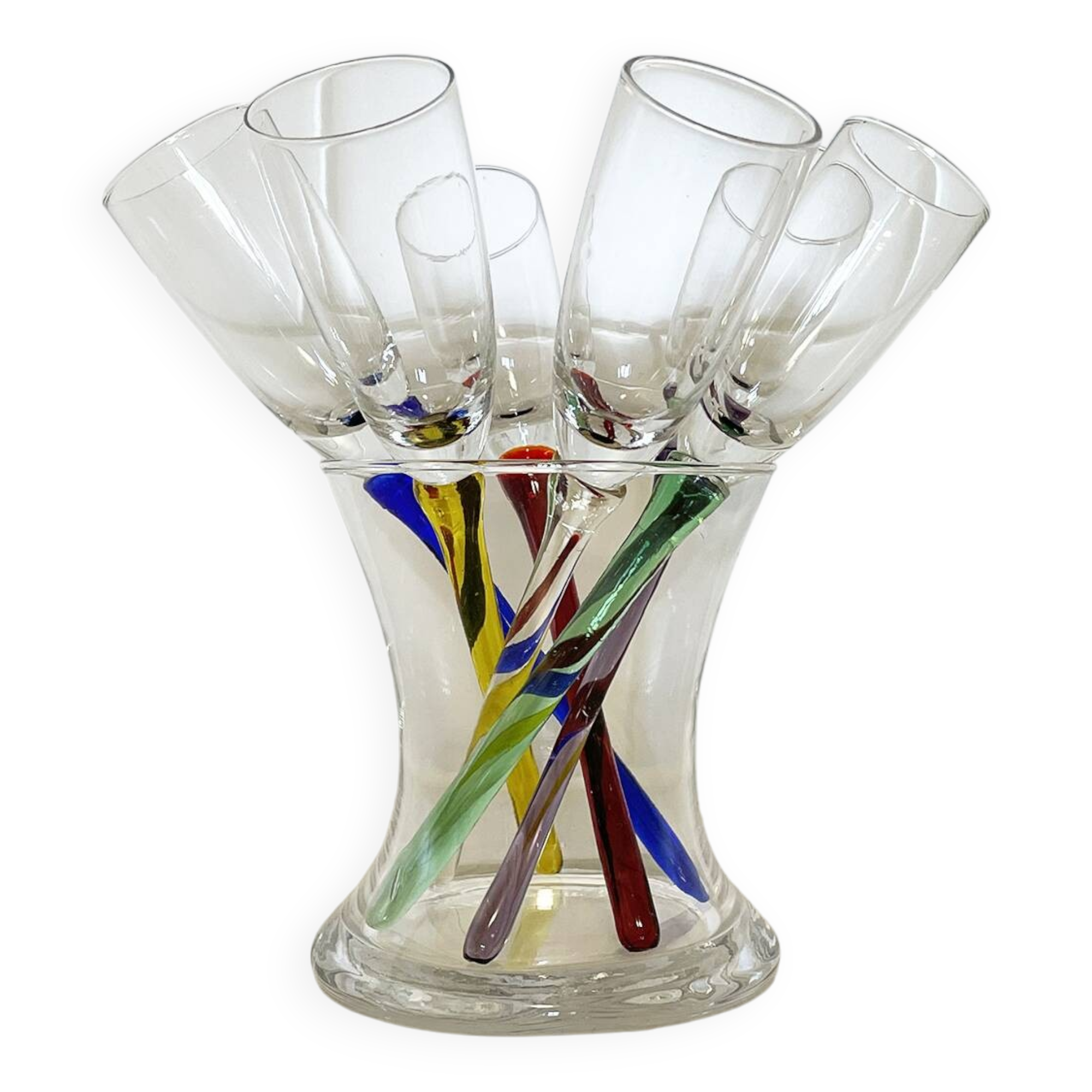 Set of 6 Vintage Champagne Flutes with Stand, German Handblown Glass