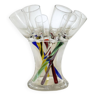 Set of 6 Vintage Champagne Flutes with Stand, German Handblown Glass