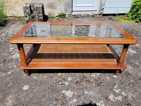 Table basse en merisier, verre et cannage