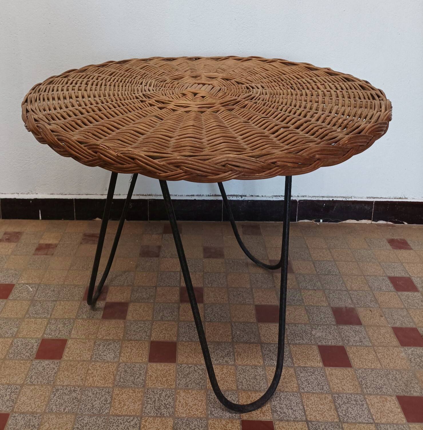 Vintage round rattan and metal coffee table