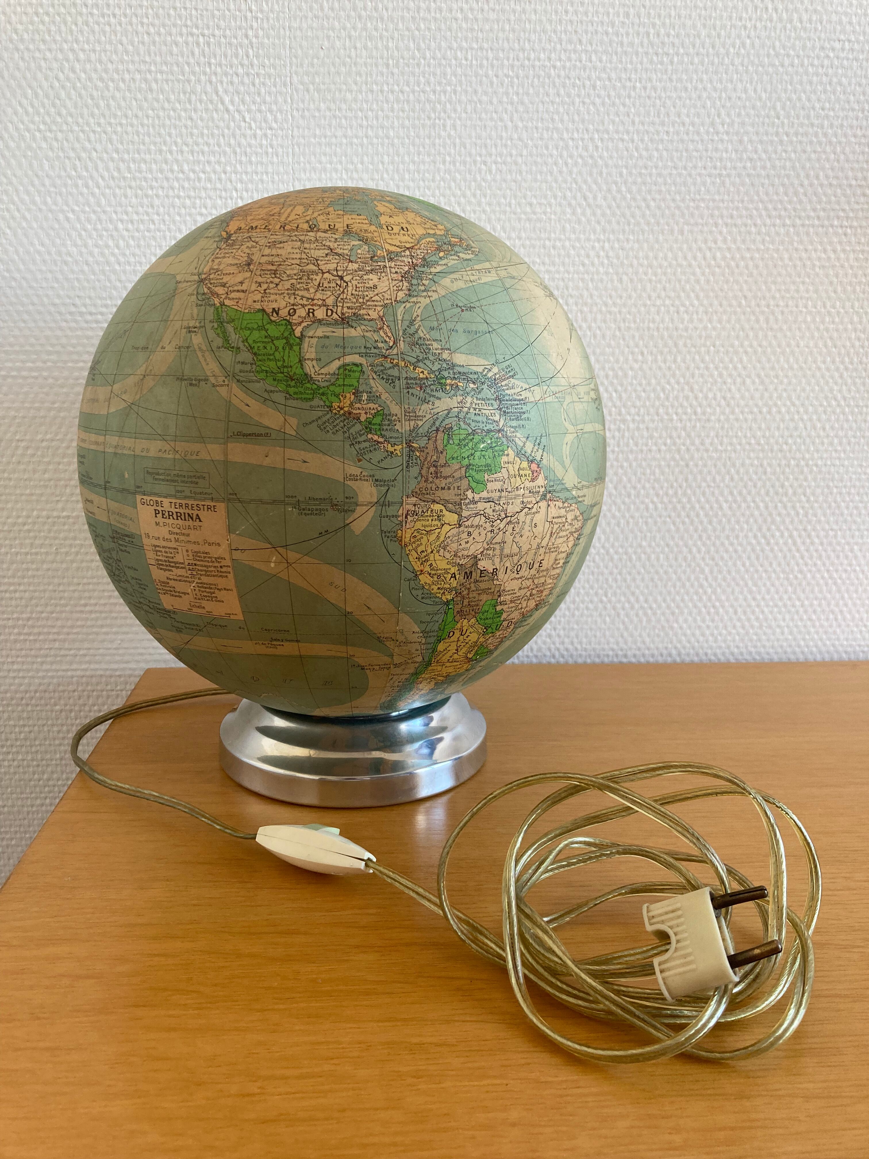 Luminous globe world map in glass Perrina vintage 60s