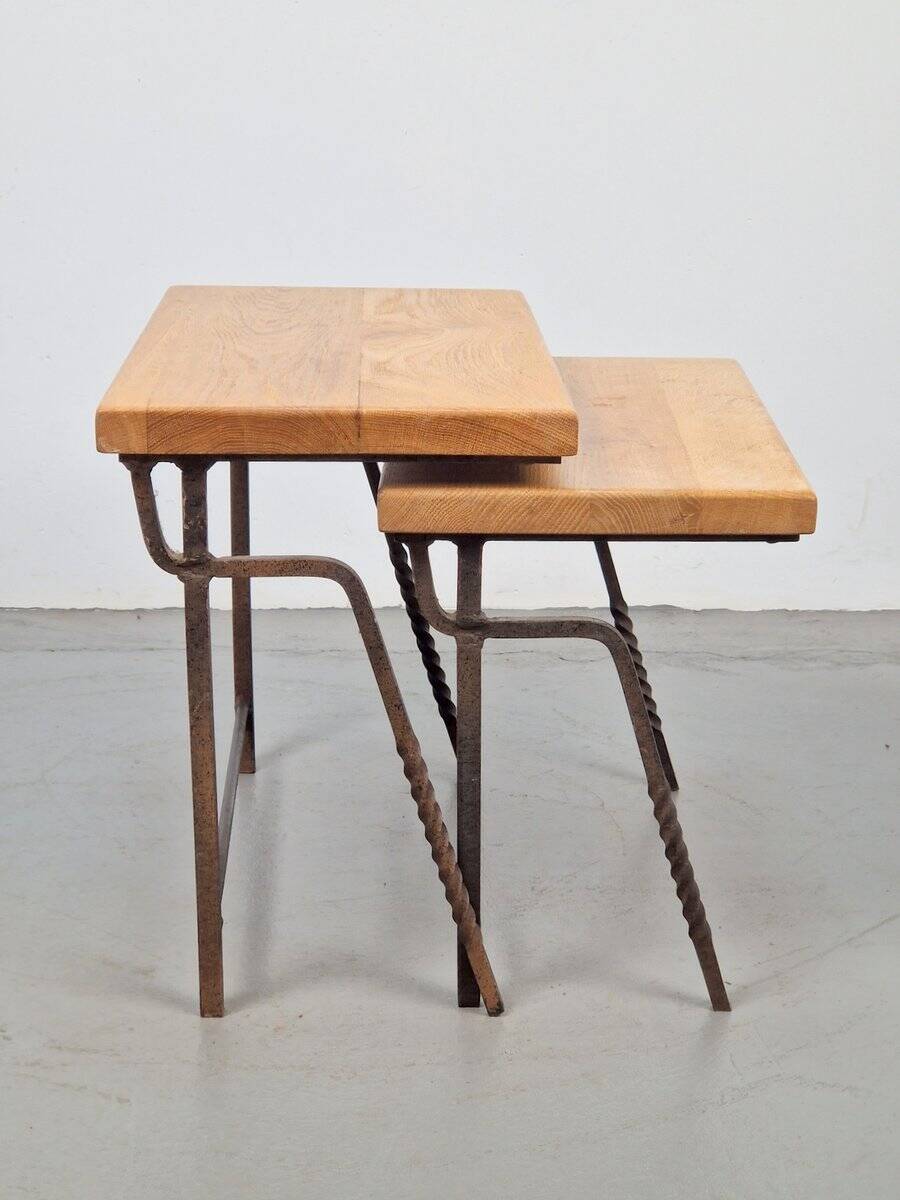 Brutalist Cast Iron and Oak Nesting Tables, 1970s, Set of 2