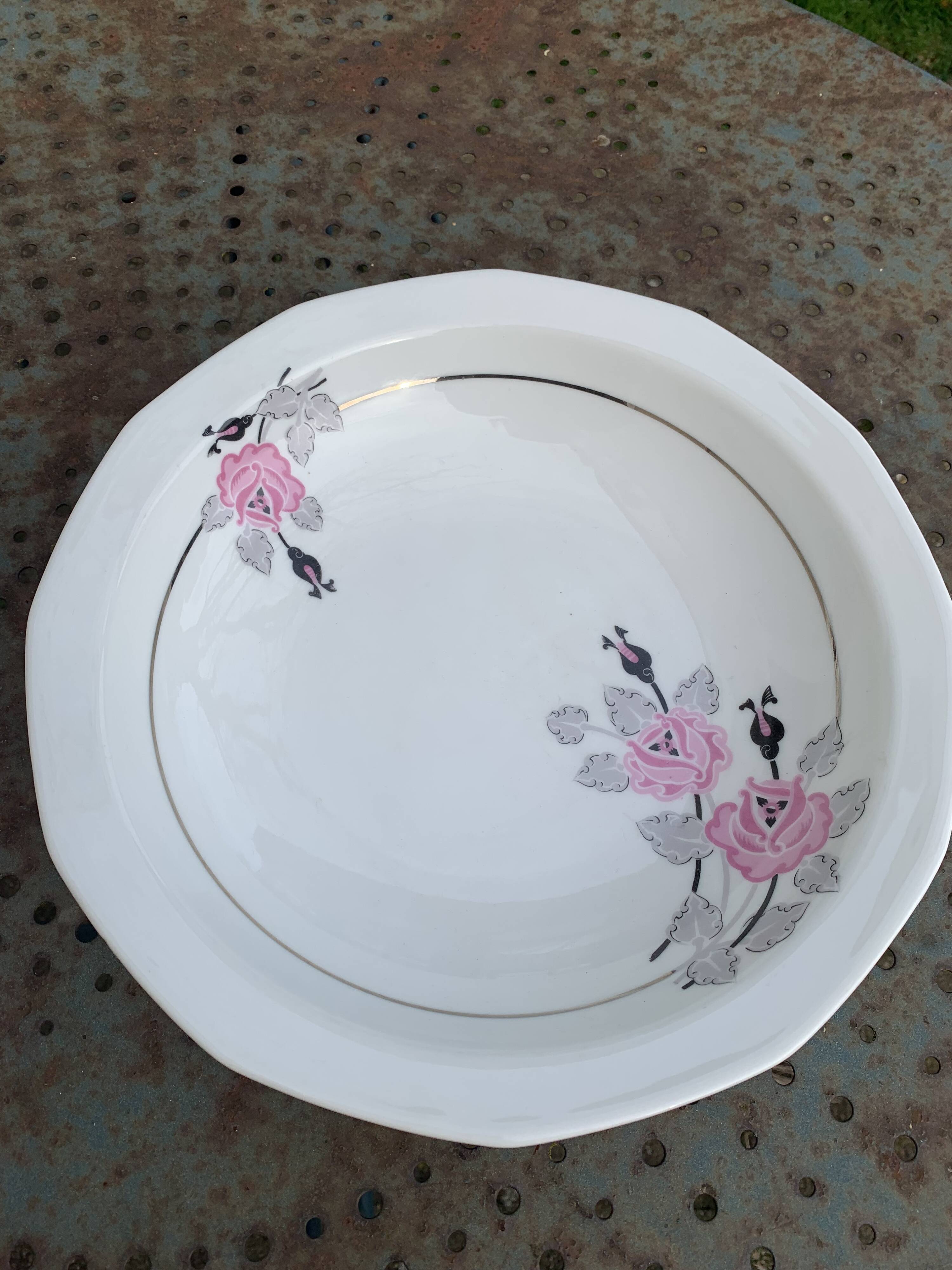 Set of two art deco porcelain dishes, limoges france, BRB, pink flowers