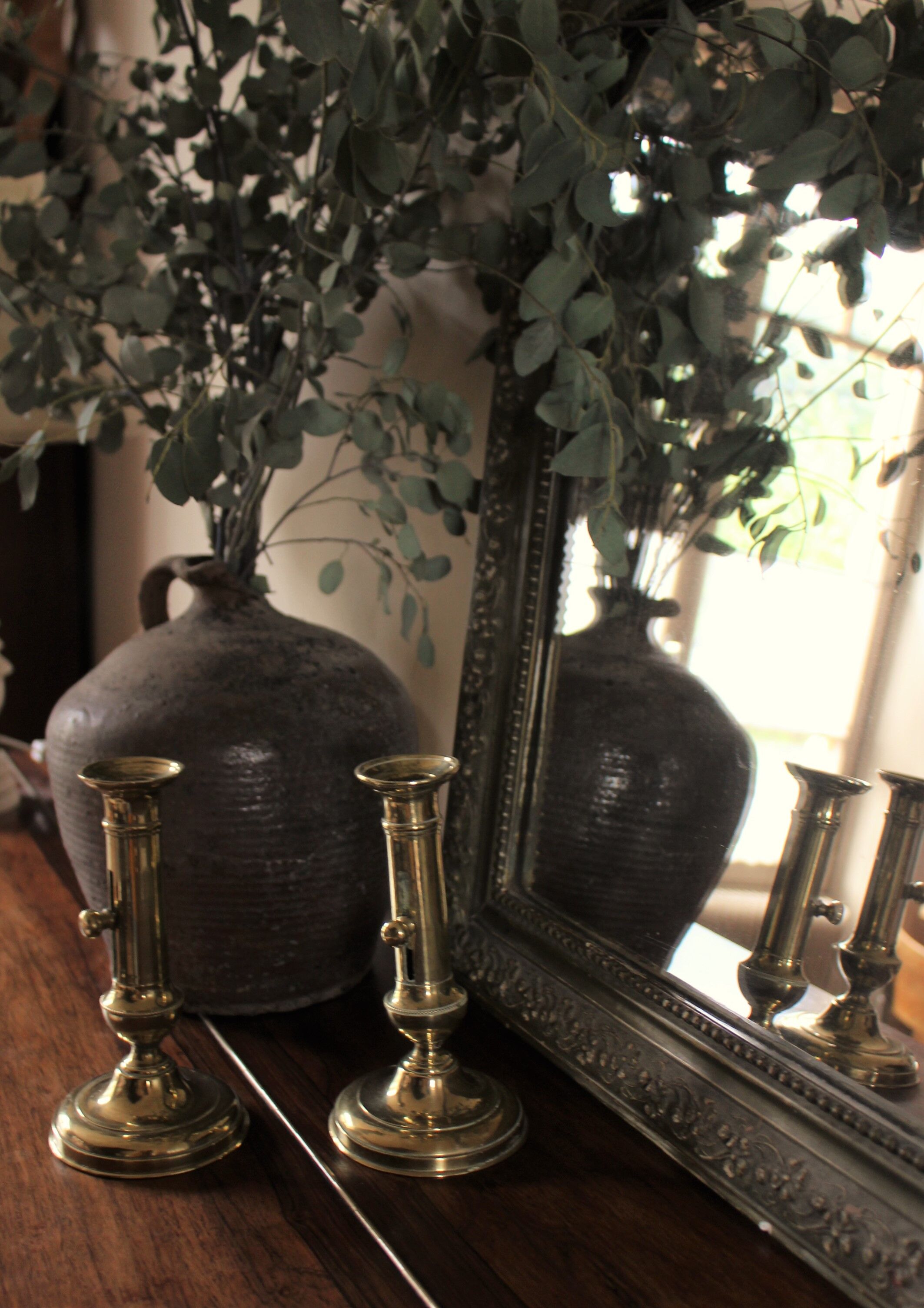 Pair brass candle holders with pusher