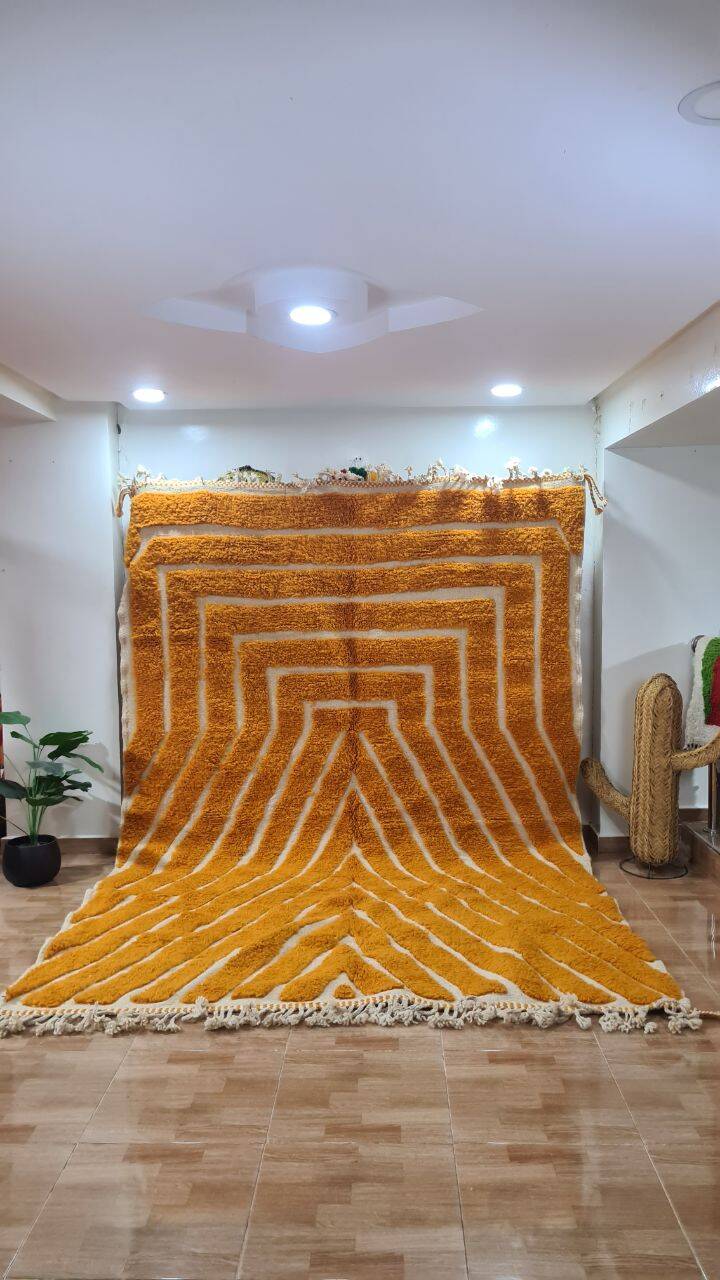 Bold Moroccan Beni Ouarain Rug in Mustard Yellow – Handwoven Wool Rug with Lines