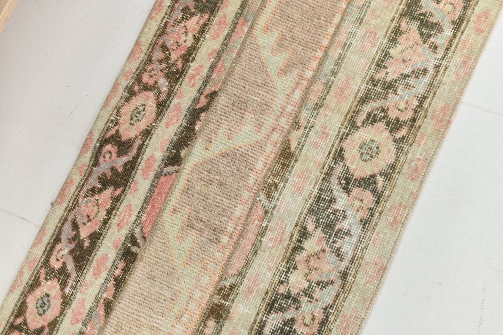 2x11 Dark Green & Beige Turkish Runner Rug, 55x338Cm
