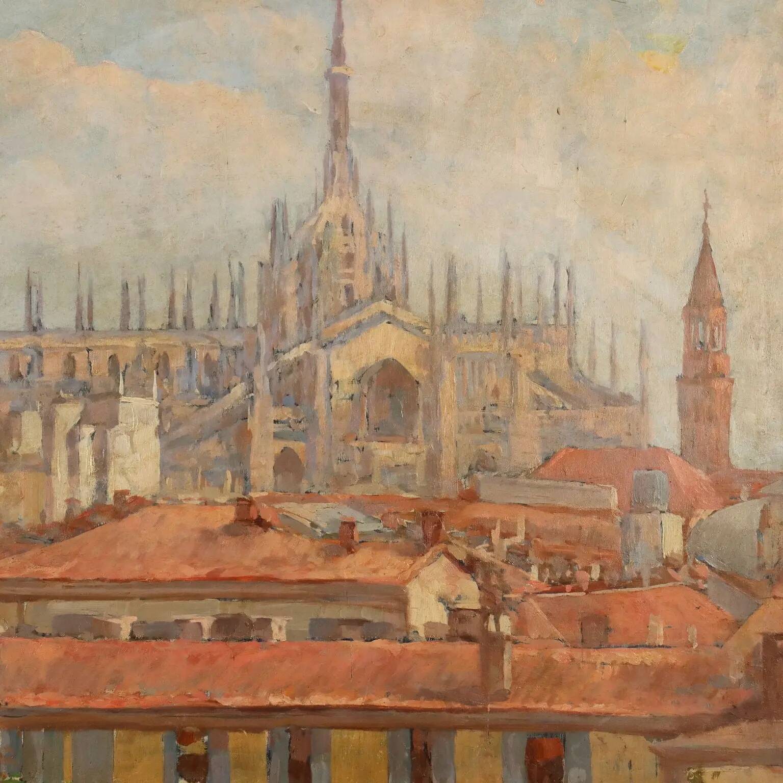 Old painting signed by Giuseppe Viviani, view of Milan, 20th century.