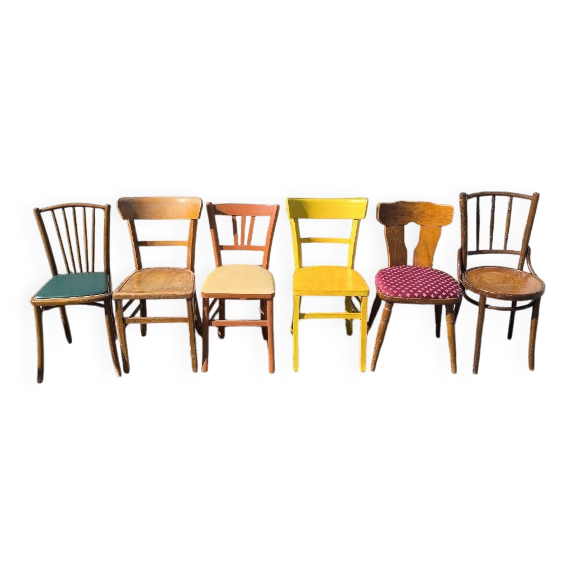 Set of 6 mismatched vintage wooden bistro chairs