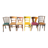 Set of 6 mismatched vintage wooden bistro chairs