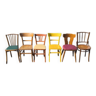Set of 6 mismatched vintage wooden bistro chairs