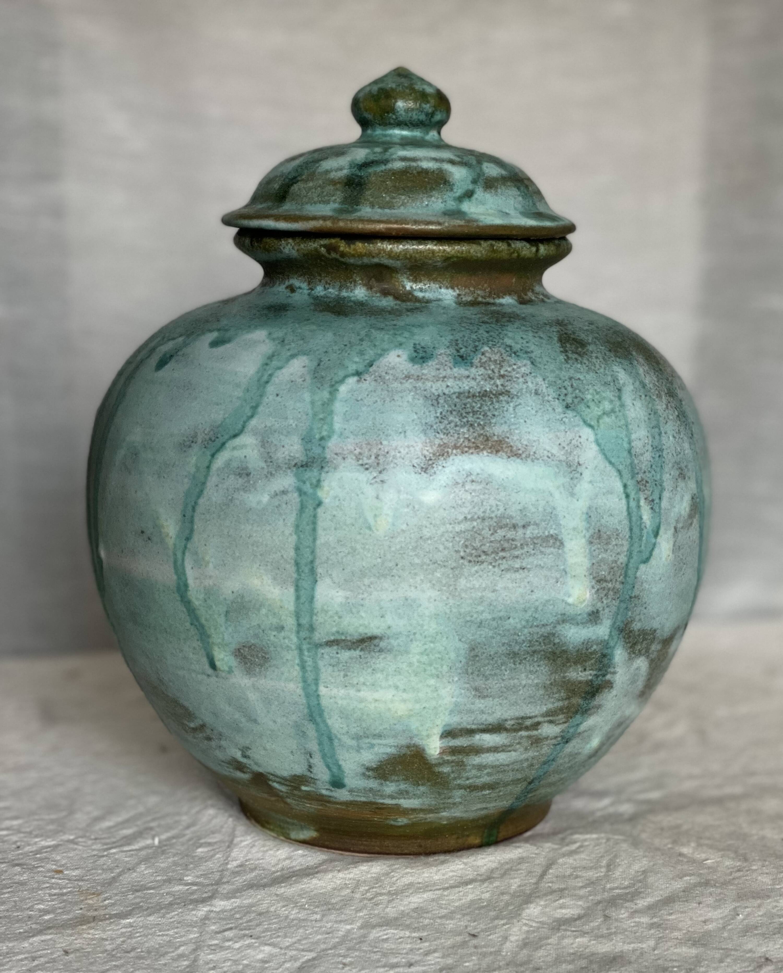 Vintage 1970s blue enameled stoneware ball pot with lid, signed Vallauris style