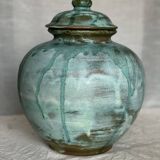 Pot boule à couvercle grés émaillé bleu vintage 1970 signé style Vallauris