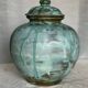 Vintage 1970s blue enameled stoneware ball pot with lid, signed Vallauris style