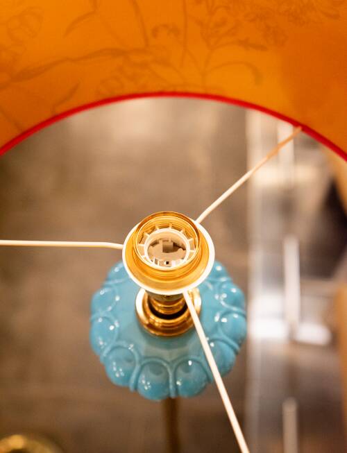 Pair of vintage floor lamps in brass and turquoise ceramic.