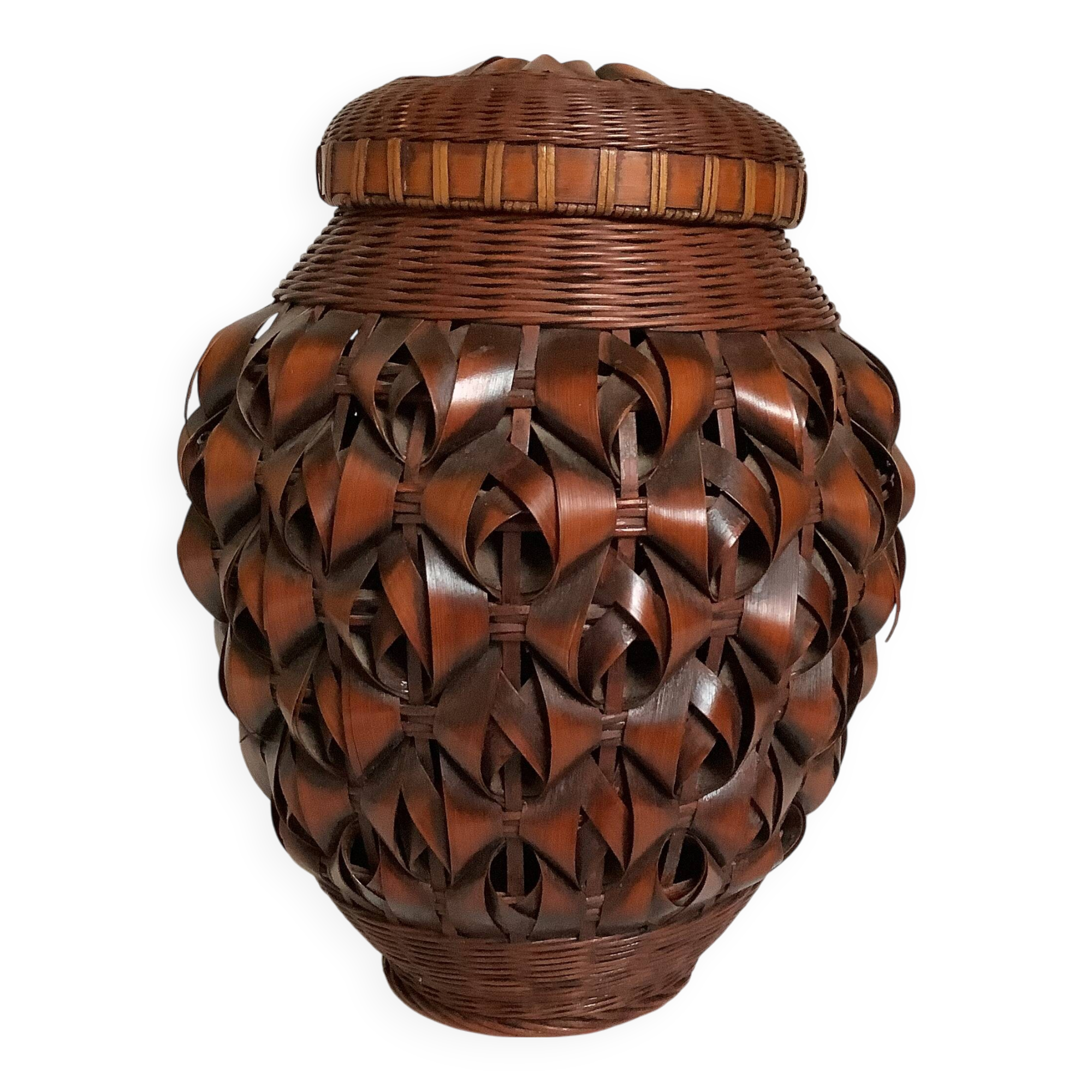 Covered wooden vase covered with woven bamboo