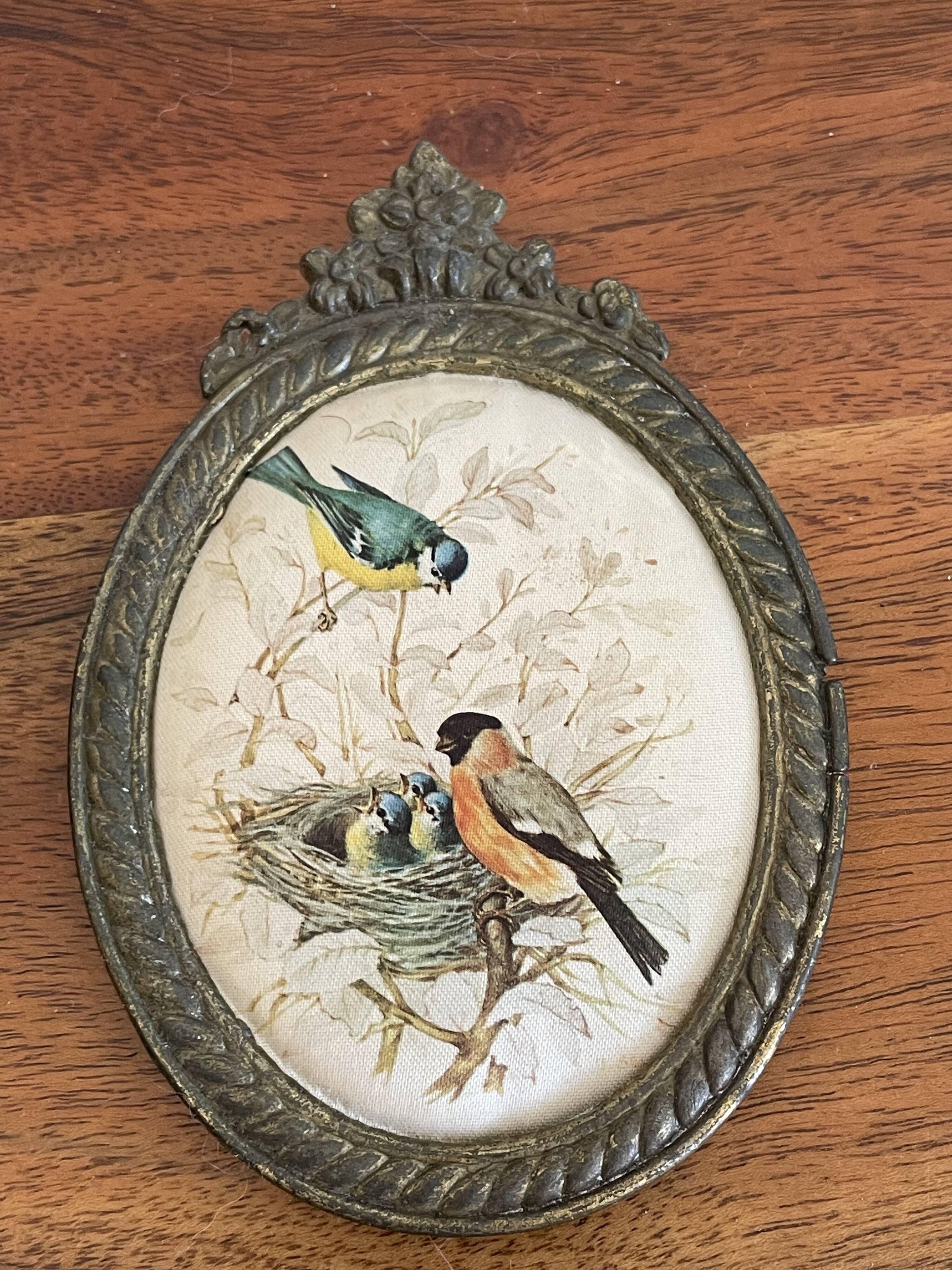 2 oval frames birds on silk