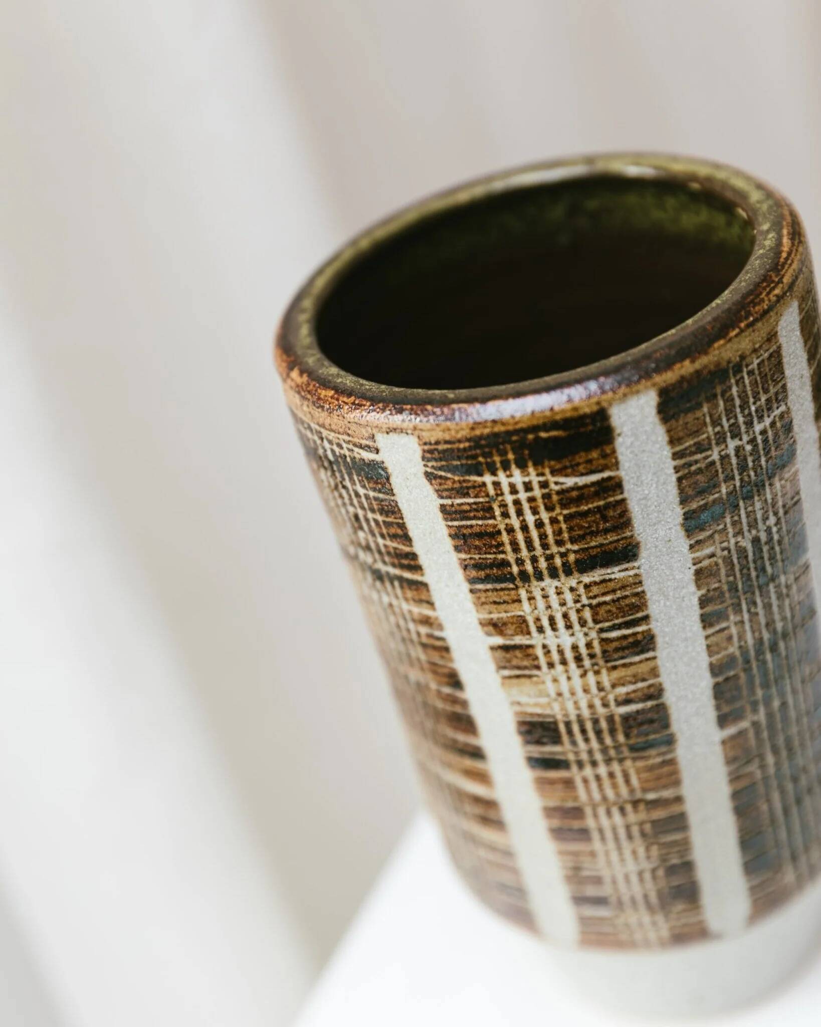 Brown Beige Ceramic Vase - Mid-Century Studio Vase, 1960s, Crosshatch Texture