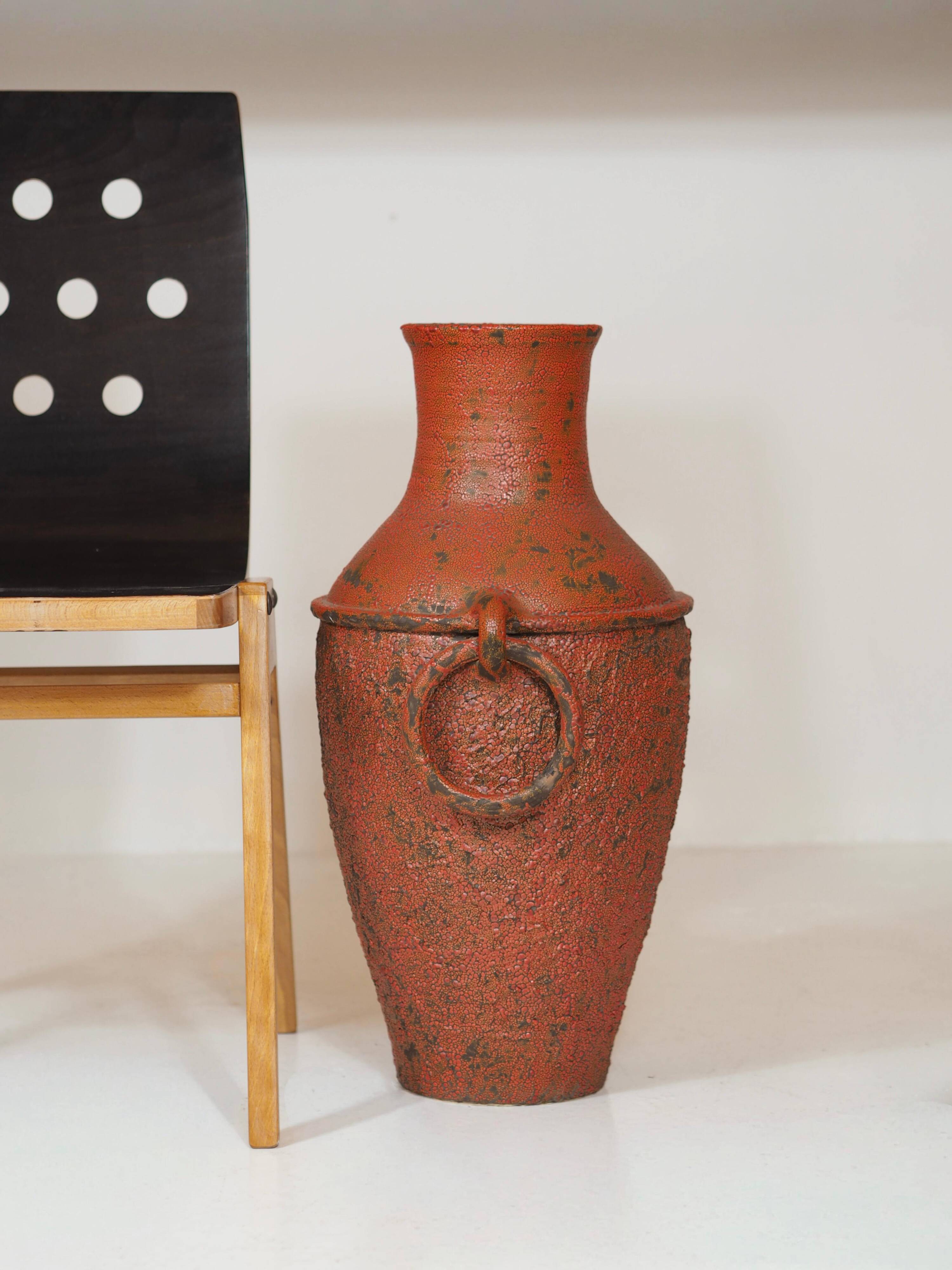 Monumental sun vase "Fat Lava" from the mid-century, with a rare movable ceramic handle handmade.