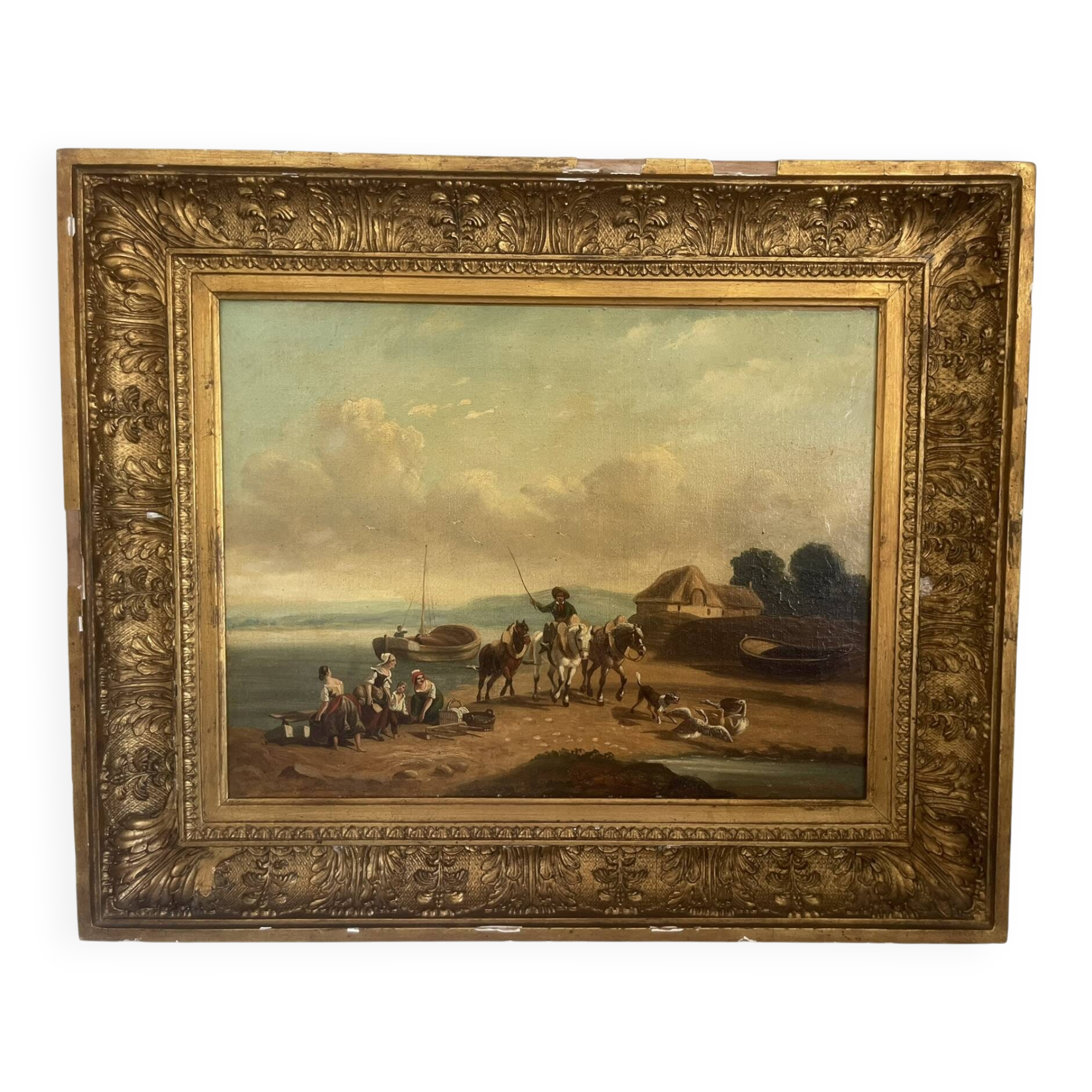 Old Painting French School Marine Port 19th Century Gaultier