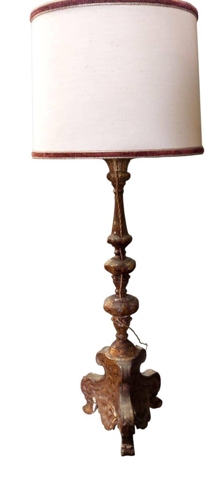Antique 18th century candlestick lamp, gilded wood, electrified