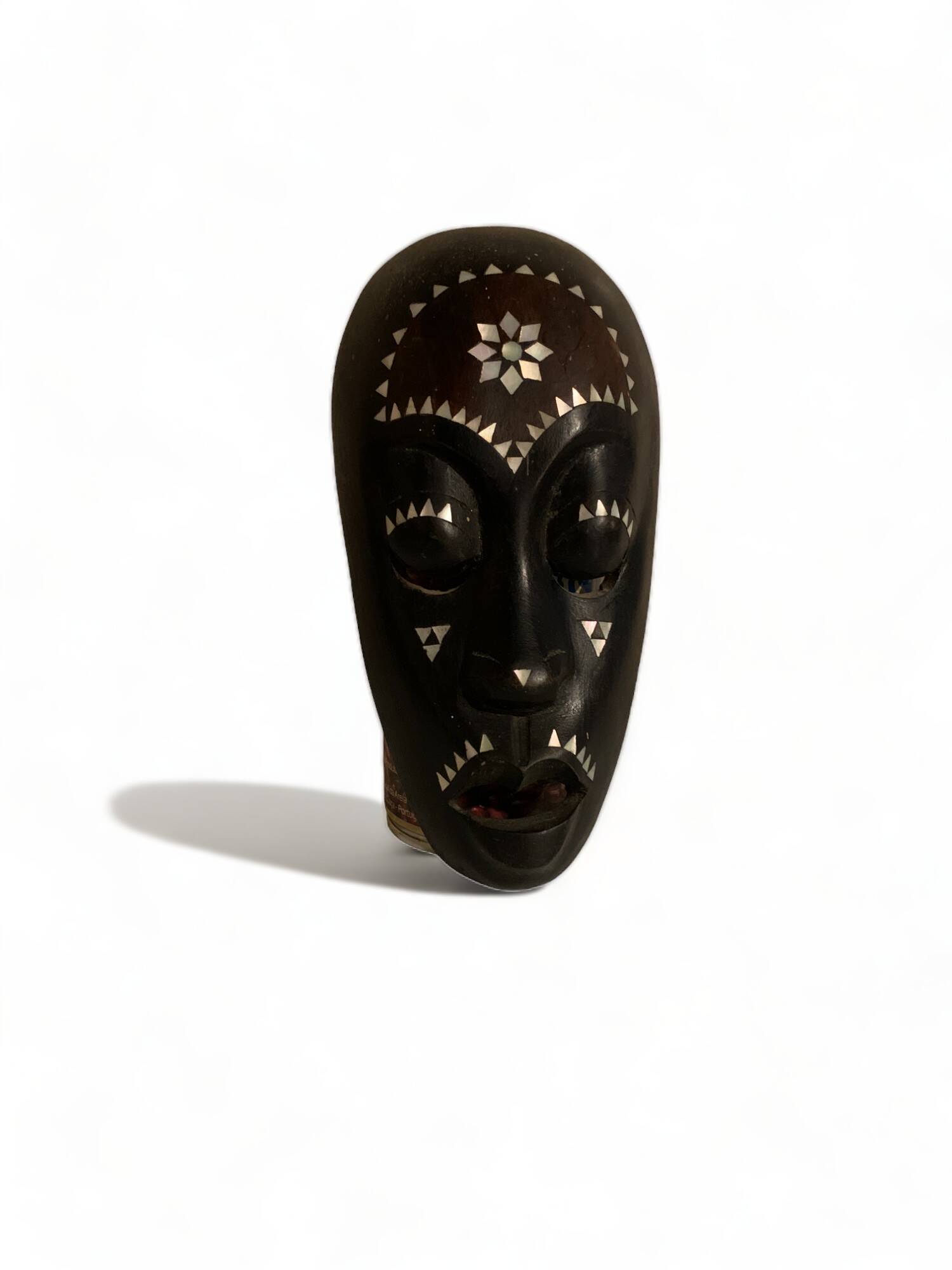 Africa mask in shell wood inlaid Ivory Coast Baoulé African art 1989 old vintage