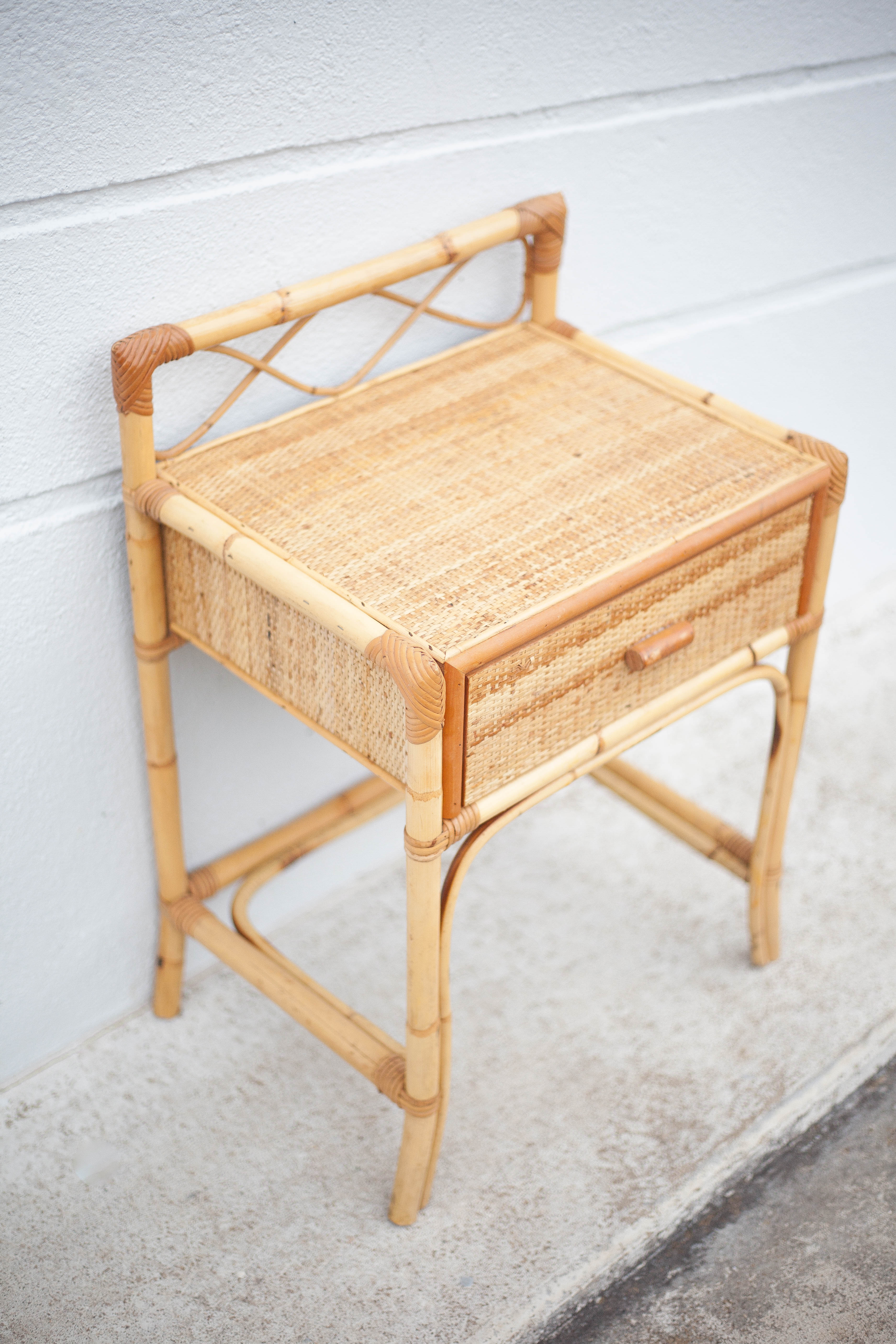 Rattan bedside table, wicker nightstand, end of sofa, interior decoration