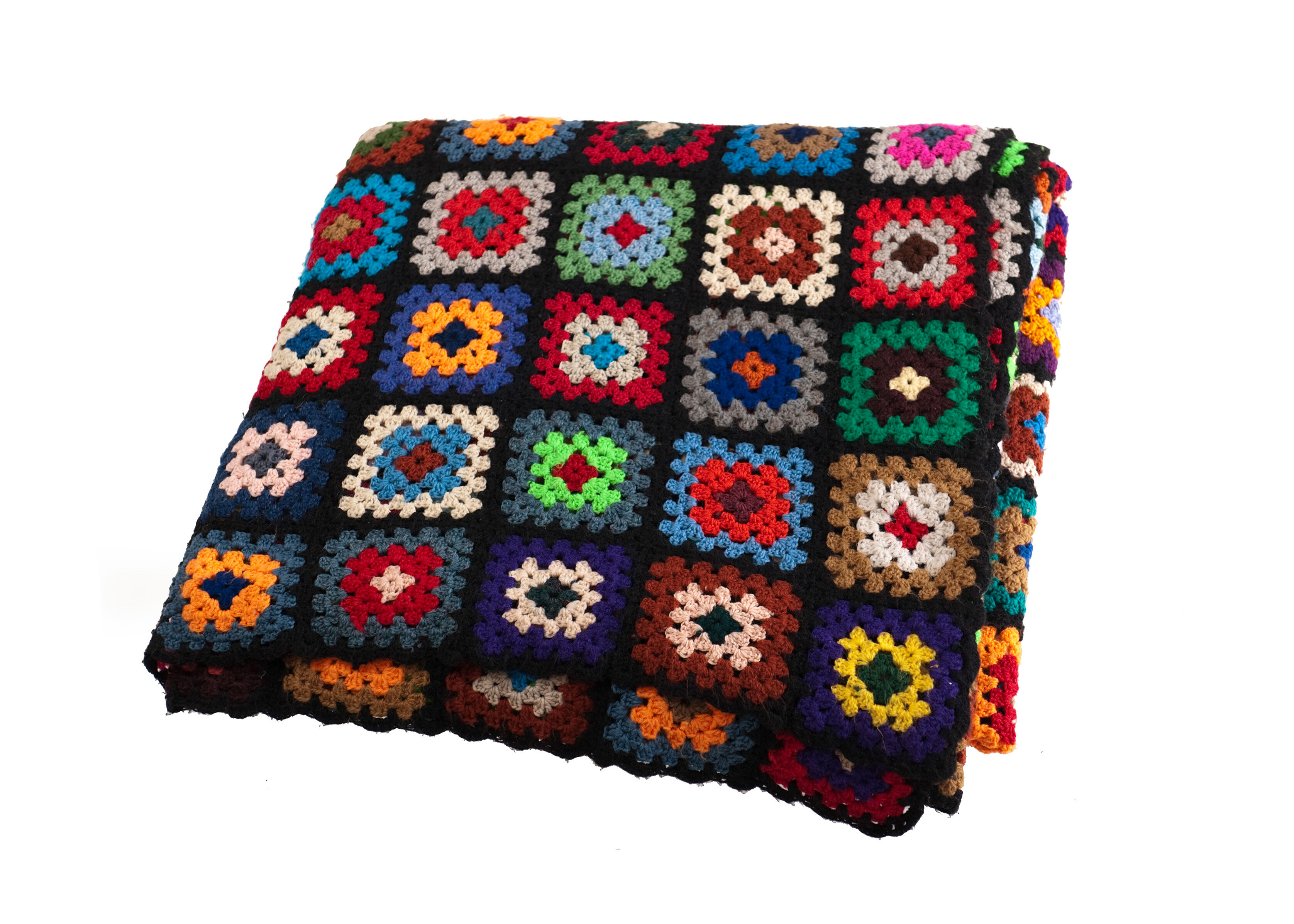 Vintage wool granny crochet plaid blanket 2.2 x 2.2m