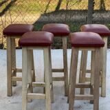 Square high bar stools in solid wood with burgundy leather 83cm