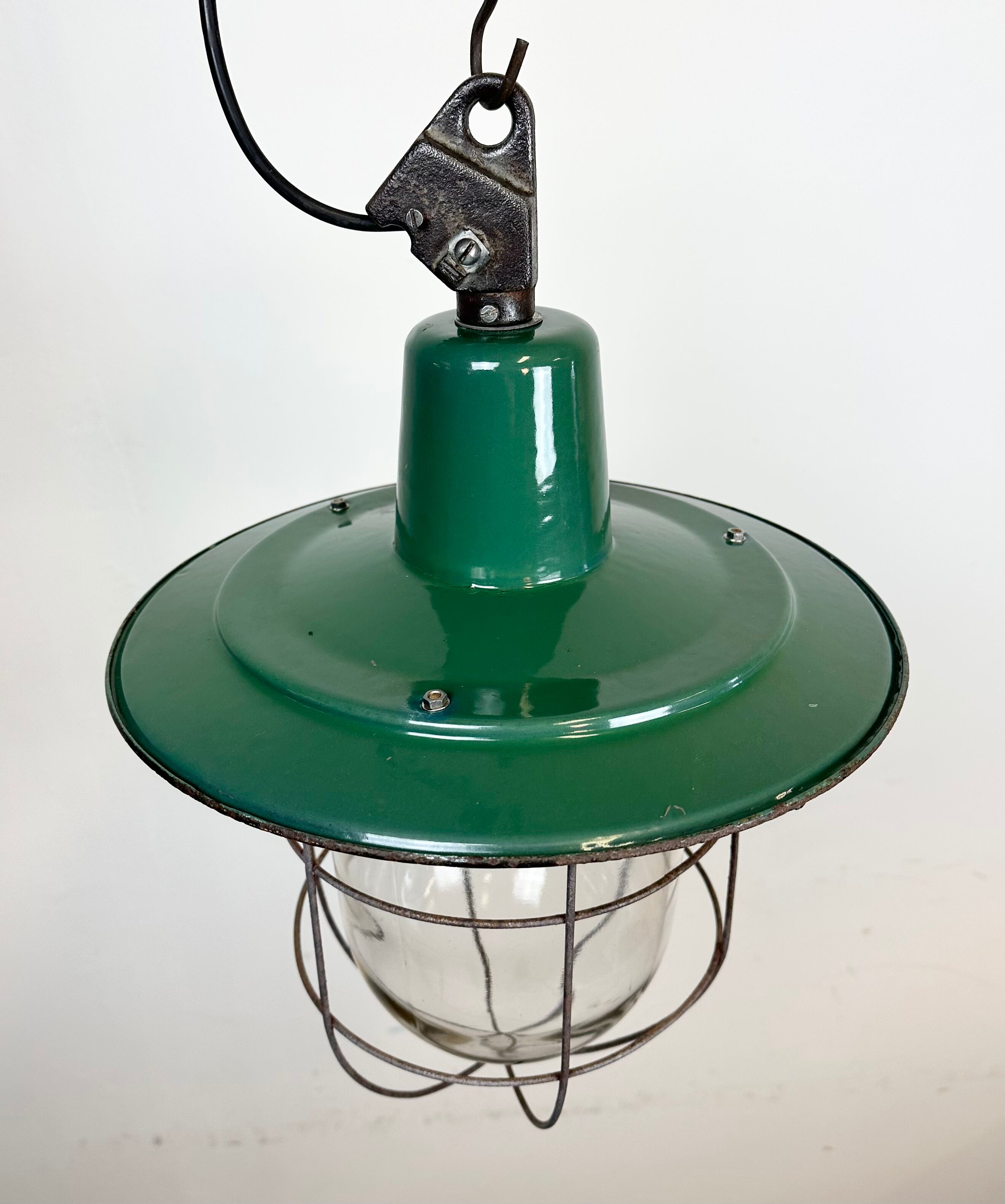 Green Enamel and Cast Iron Industrial Cage Pendant Light, 1960s