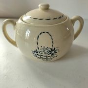 HBCM sugar bowl model Paradis in ironstone with blue basket decoration.