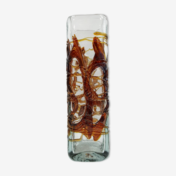Vase verre soufflé avec coulures de verre marron dans le style j-c novaro vintage 80