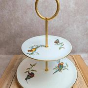 Silent servant, 2 tiers in Gien earthenware – Exotic birds – Golden metal
