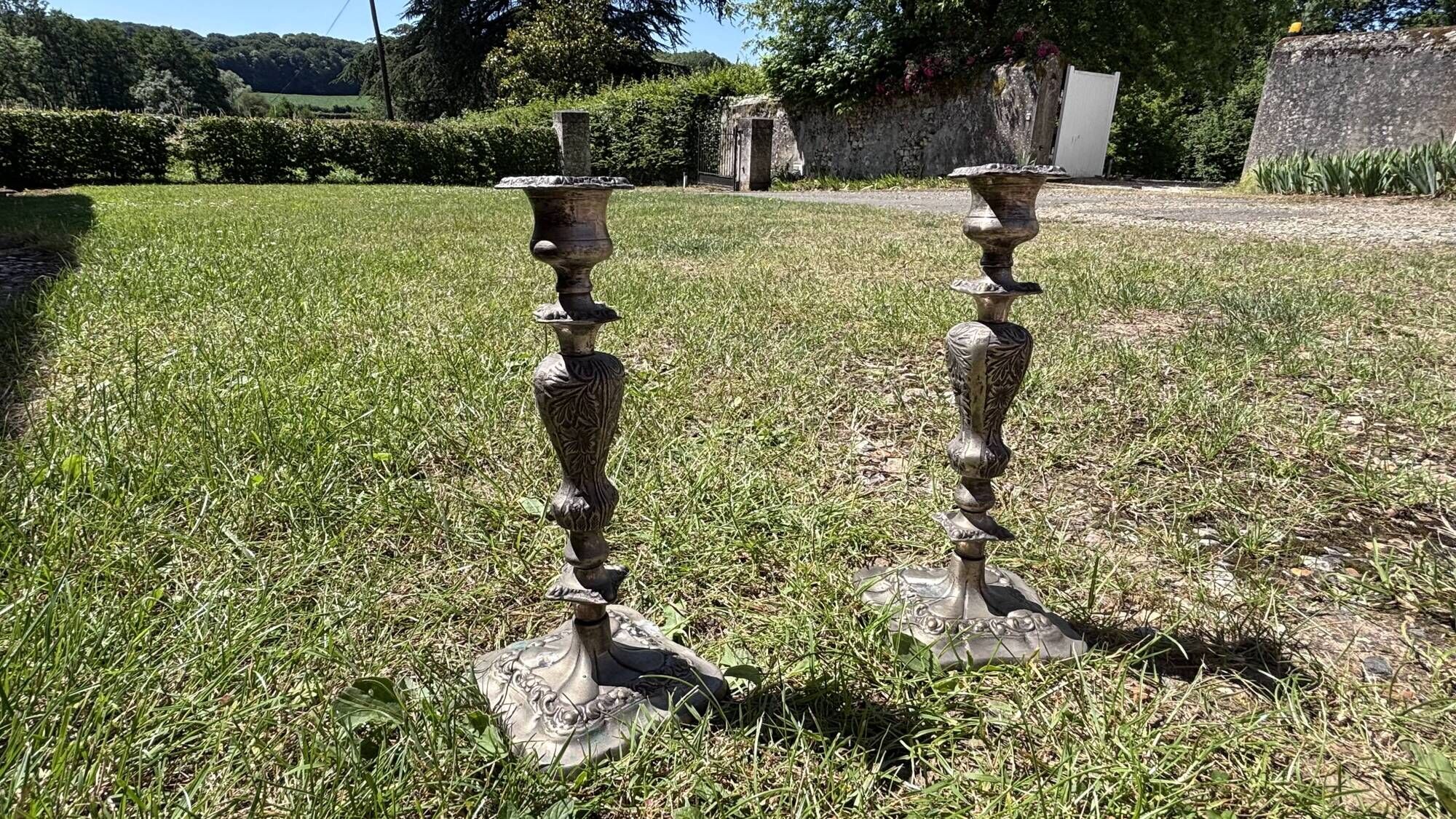 Pair of patinated metal baroque candlesticks – Louis XV style
