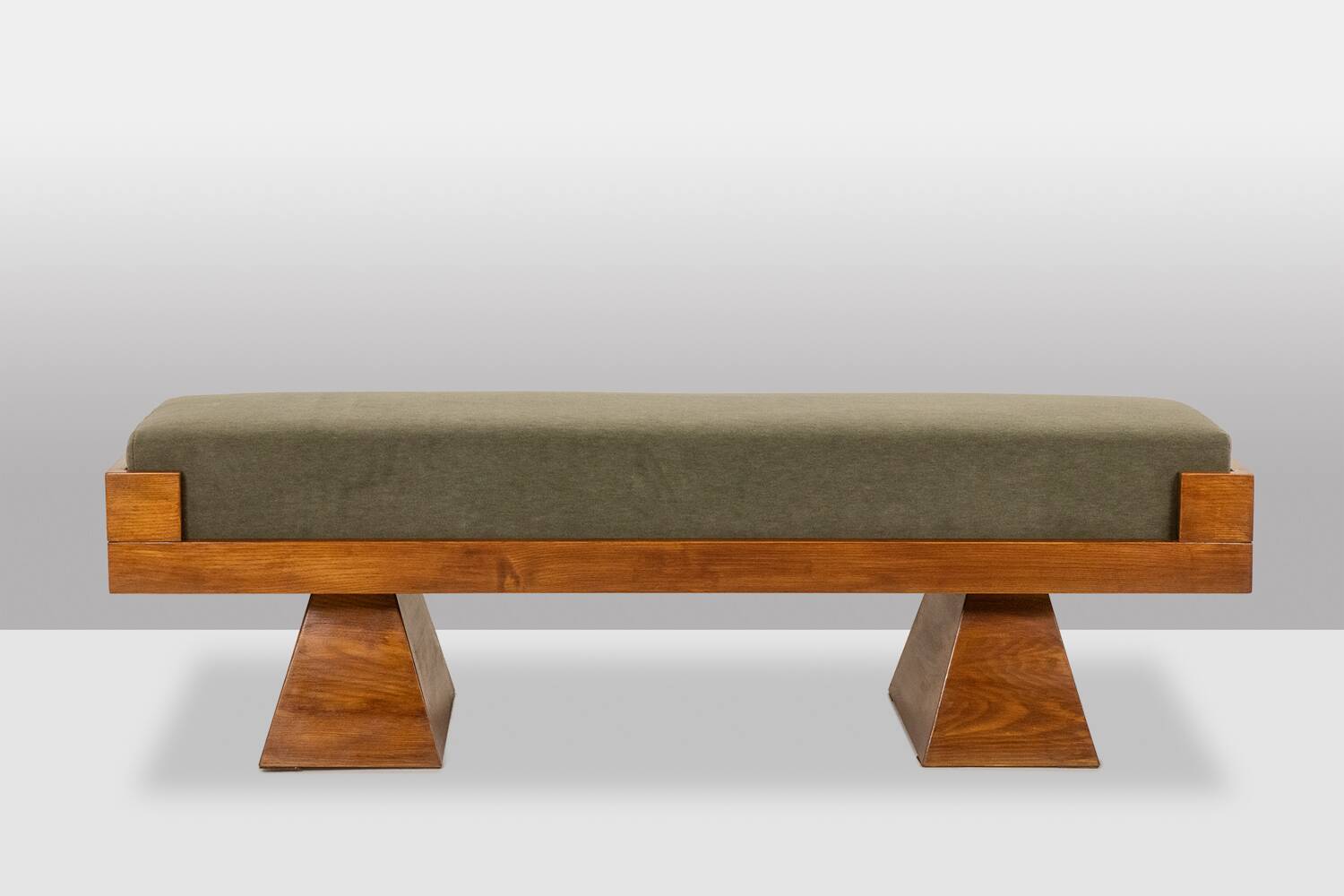 Bench in ash and green mohair velvet. Contemporary.