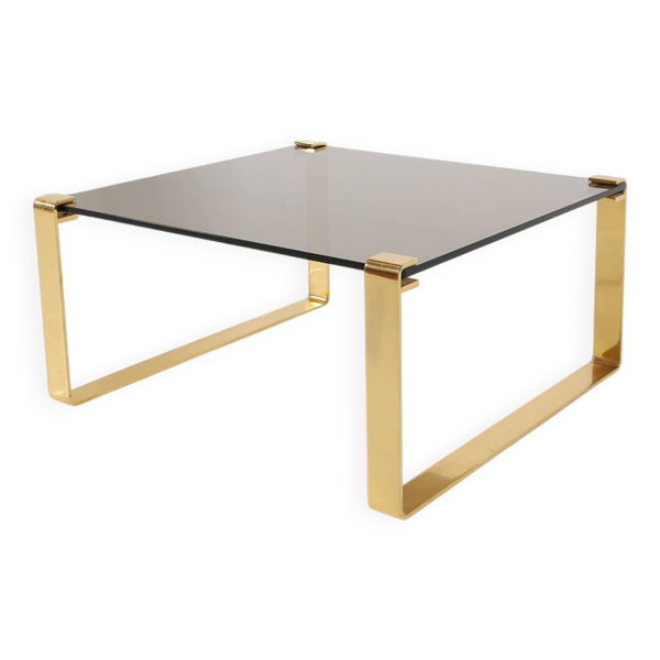 Table basse des années 50 avec base plaquée or et plateau en verre, années 1970.