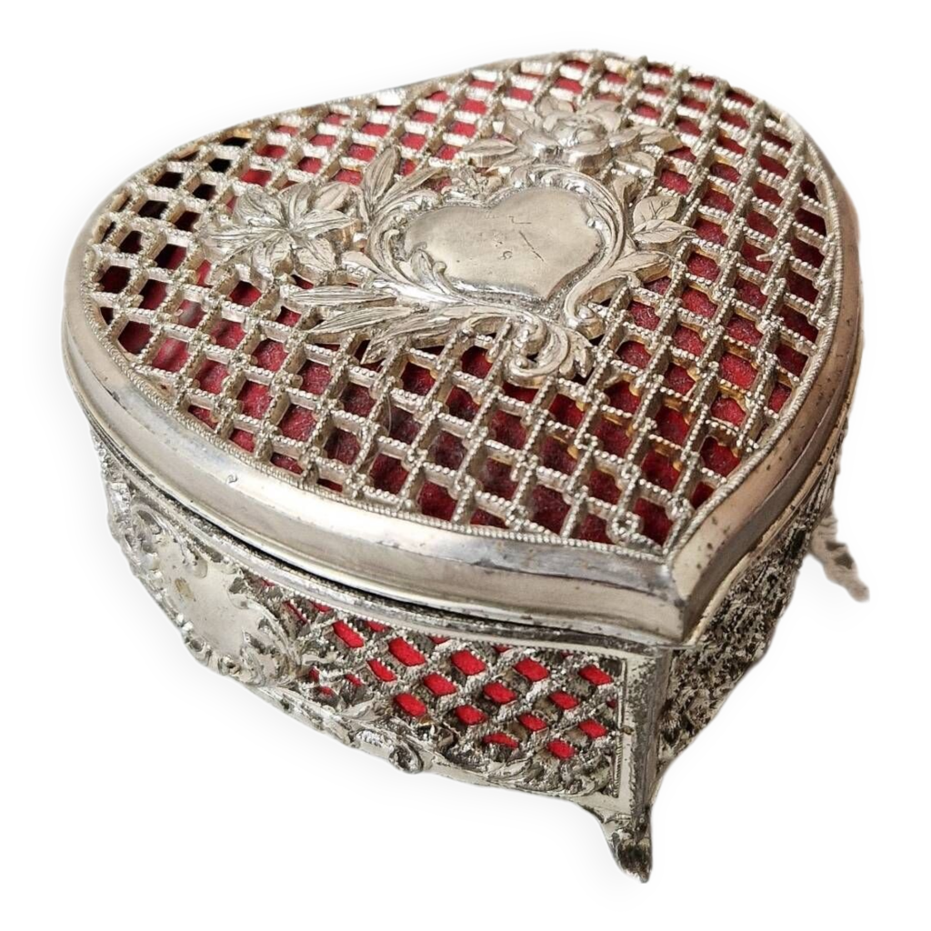 Petite boîte à bijoux en forme de coeur en métal argenté vintage | Selency