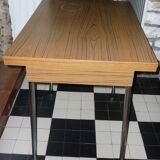 Brown formica table with 2 extension cords and drawer