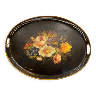 Large napoleon iii tray in painted sheet with flower decoration oval shape