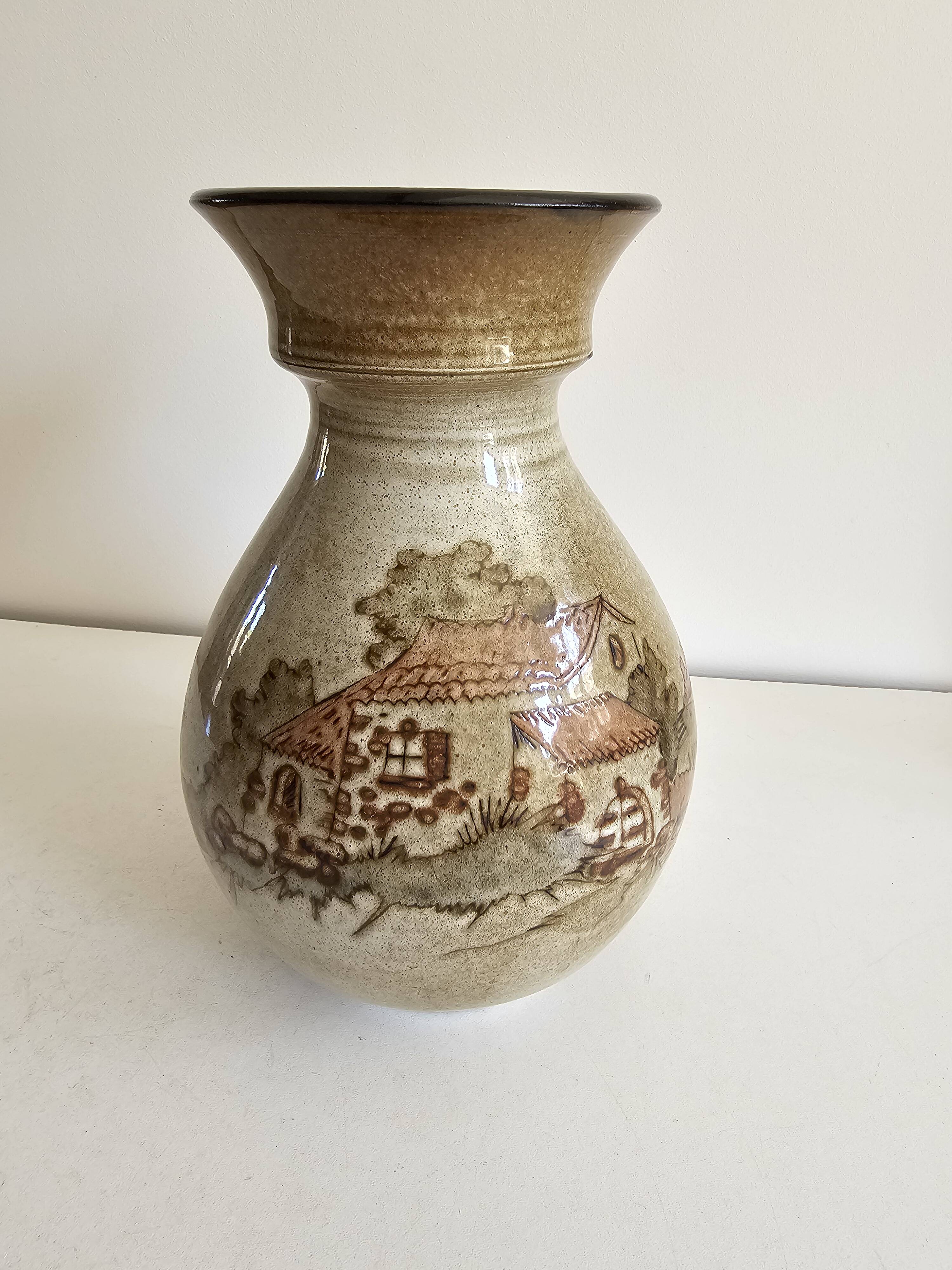 Ceramic vase with Village pattern signed by Jean Paulet - vintage