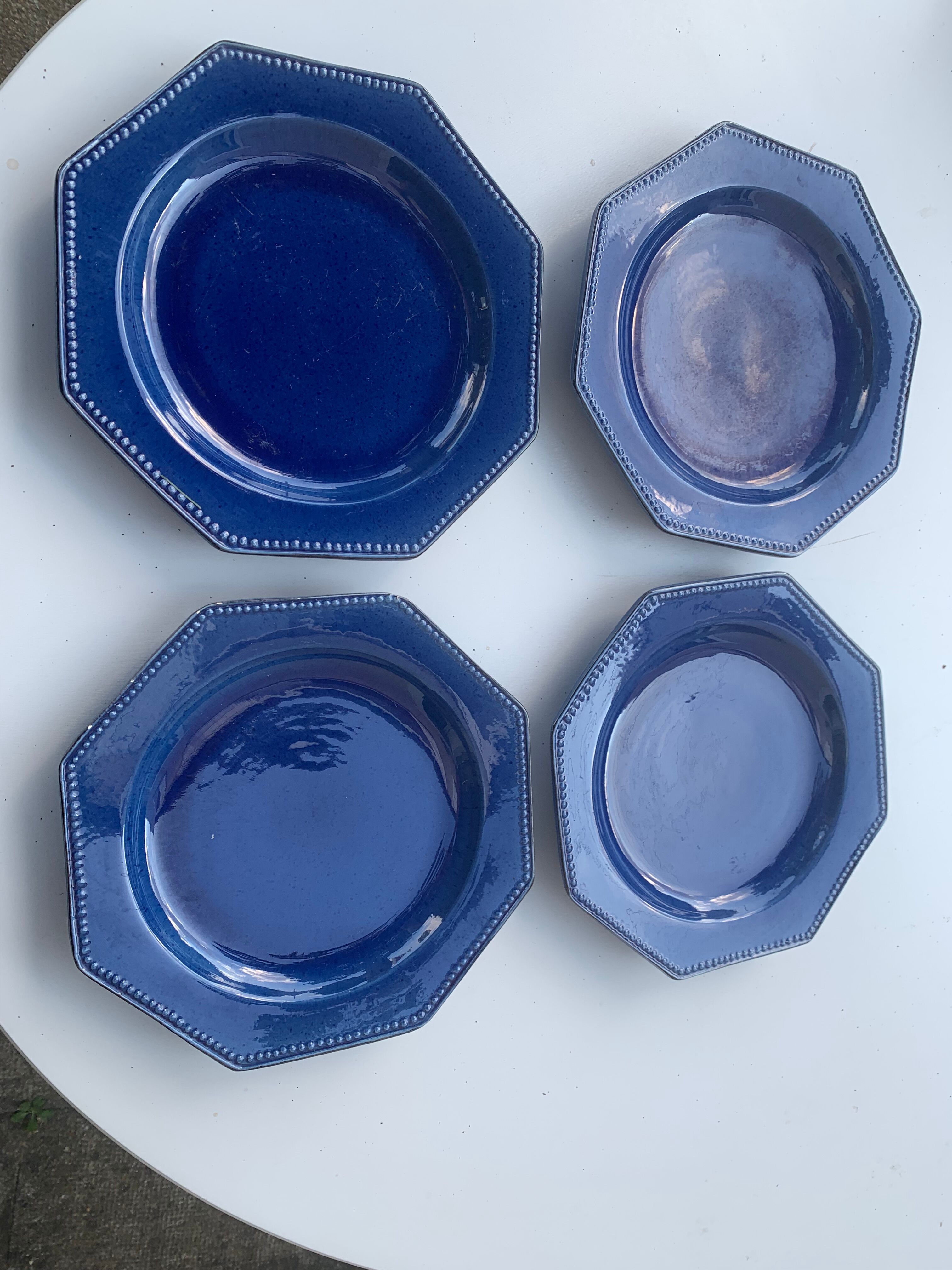 4 octagonal flat plates terre de Provence blue ceramic glazed vintage