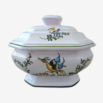 Octagonal sugar bowl in earthenware with ornithological decoration