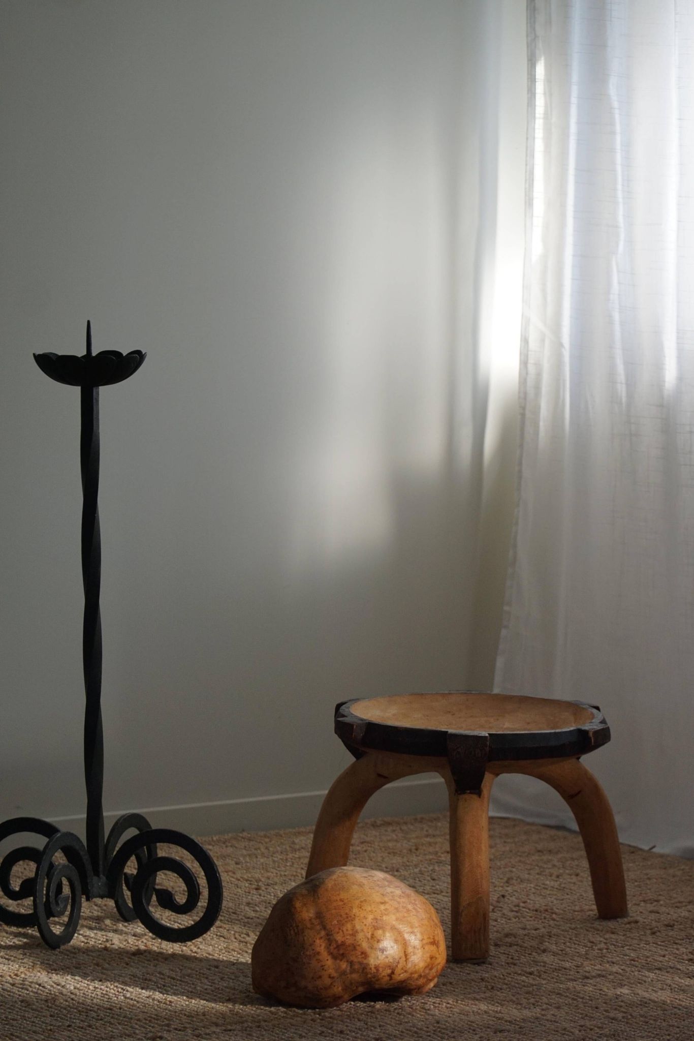 Wabi Sabi tripod stool / Solid wood side table, Scandinavia, 1950s