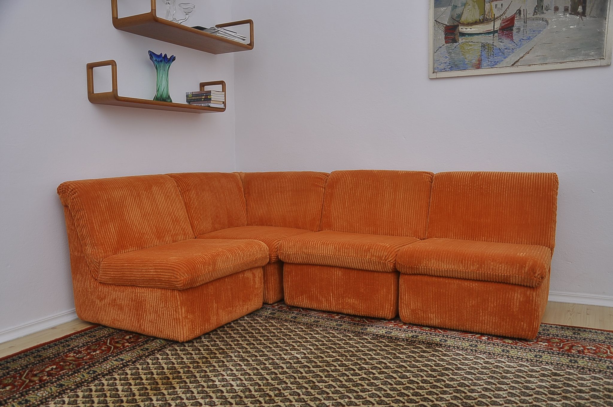 Orange corduroy Modular sofa from the 70's, 4 pieces
