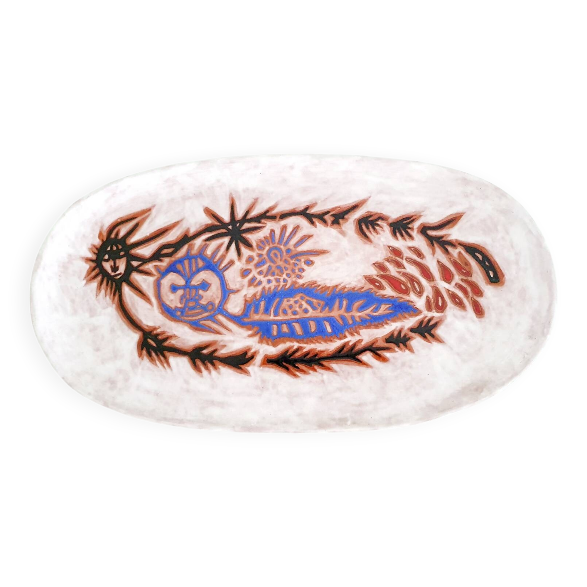Large oval enamelled terracotta dish by Jean Lurçat from the 1950s