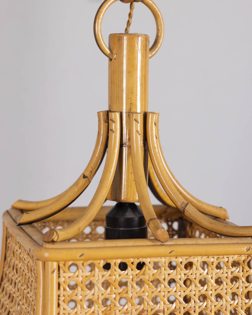 Vintage 1960s Bamboo and Straw Pendant Lamp, Italian Design