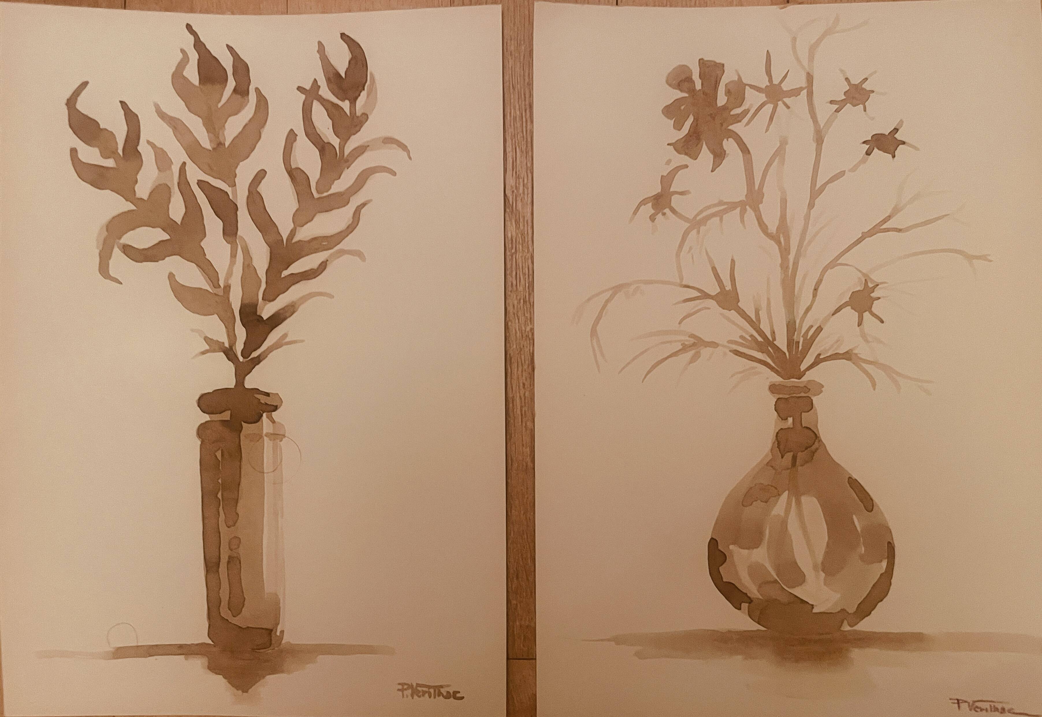 Lot de 3 tableaux nature morte vases fleurs séchées style Wabi Sabi