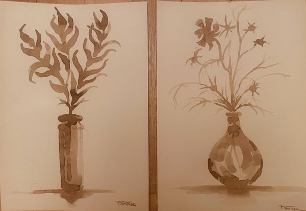 Lot de 3 tableaux nature morte vases fleurs séchées style Wabi Sabi