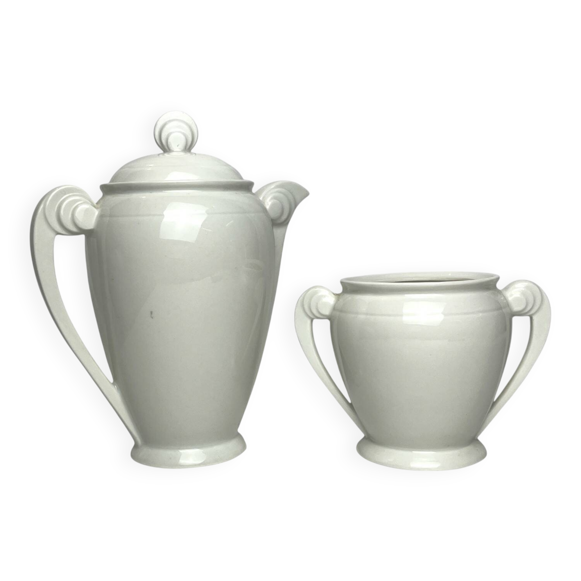 Art Deco white earthenware jug and sugar bowl set from around 1930.